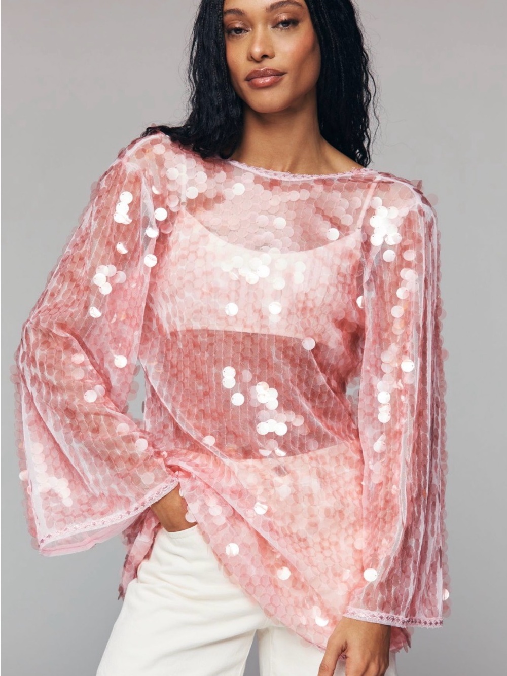 Anthropologie Sheer Pink Sequin Long-Sleeve Top